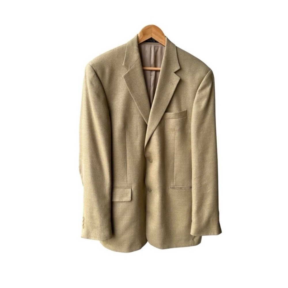 Andrew Fezza Blazer Jacket Coat Silk Worsted Wool Blazer Tan Beige 2 Button 41 L